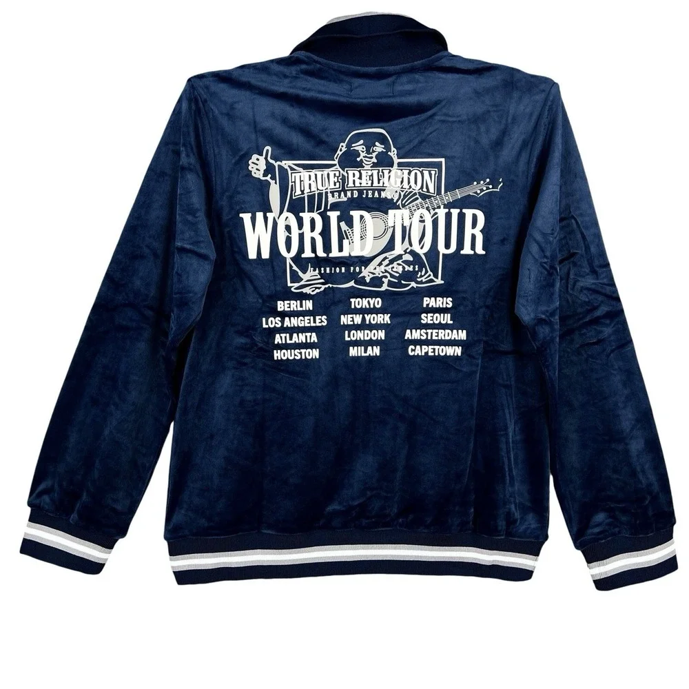 True Religion Men's Blue Velour World Tour Track Jacket Size Small Full Zip NWT